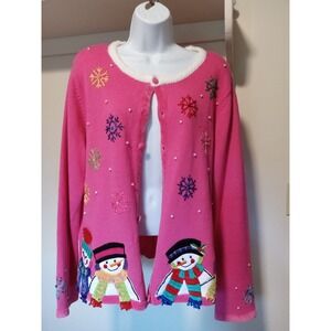 Berek Pink Snowman Snowflake Holiday Cardigan Faux Fur Trim Faux Pearl Accent XL